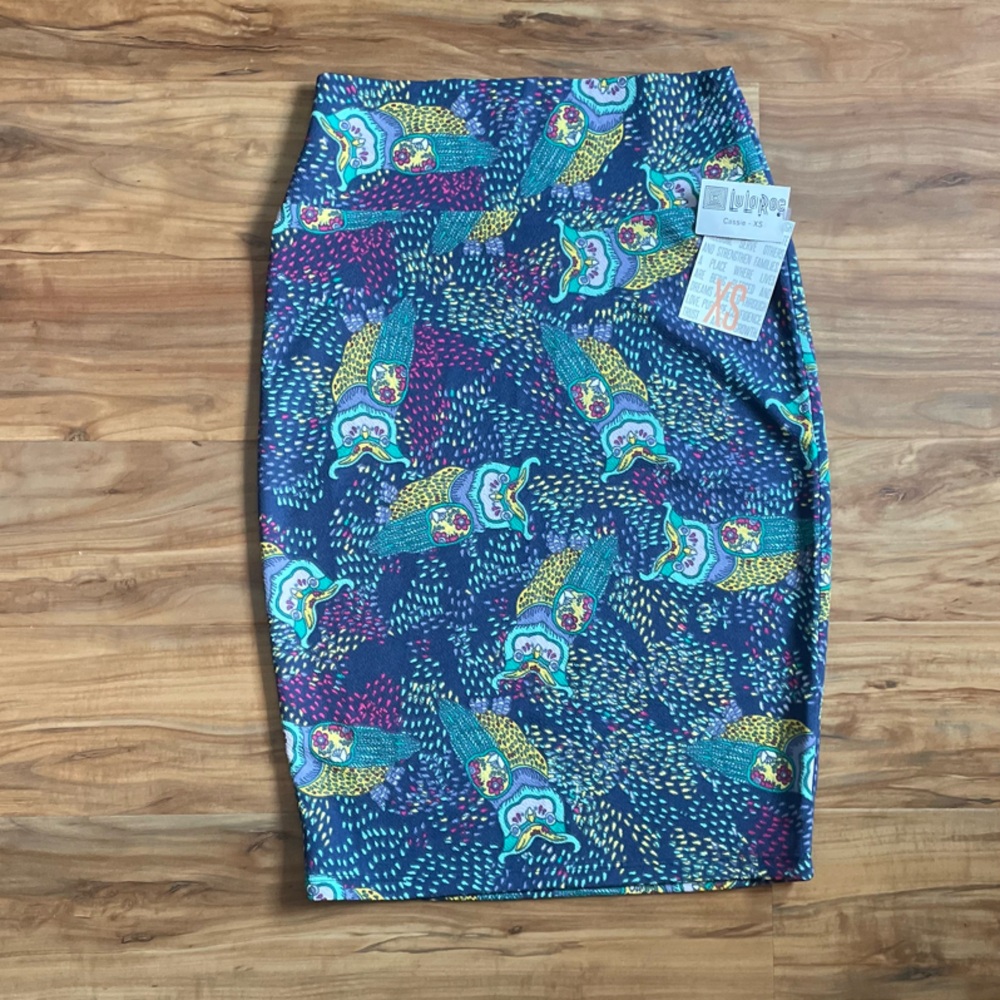 LuLaRoe XS Cassie Blue Knee-length Pencil Skirt Owl Print Midi Animal Print